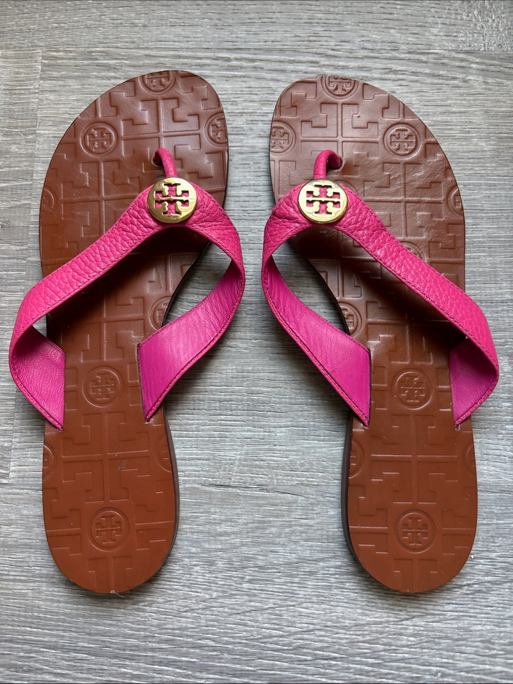 Tory Burch Hot Pink Leather Logo Thong Sandals